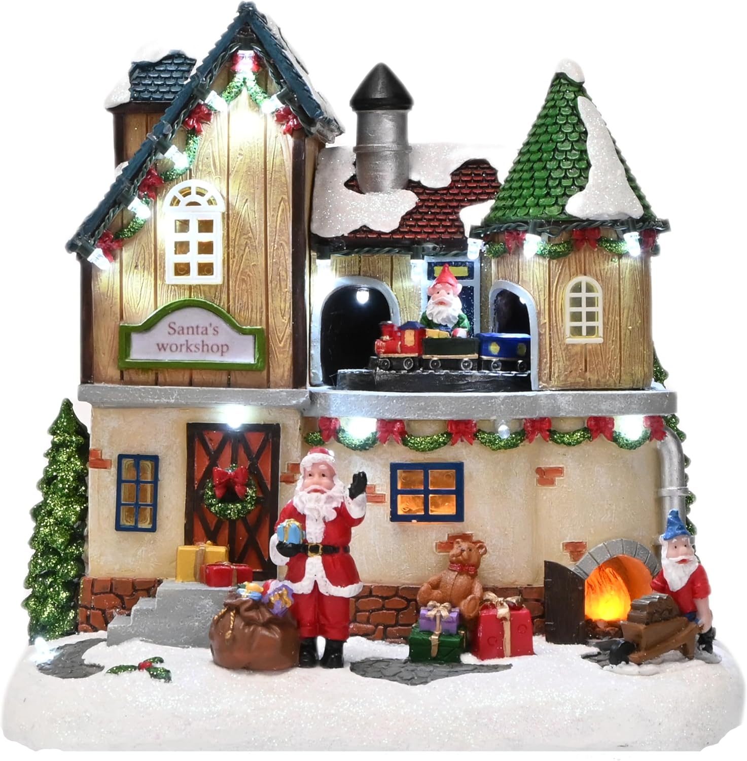 Lighting Decor For House - Christmas Village Lighted Santa's Workshop Figurine,