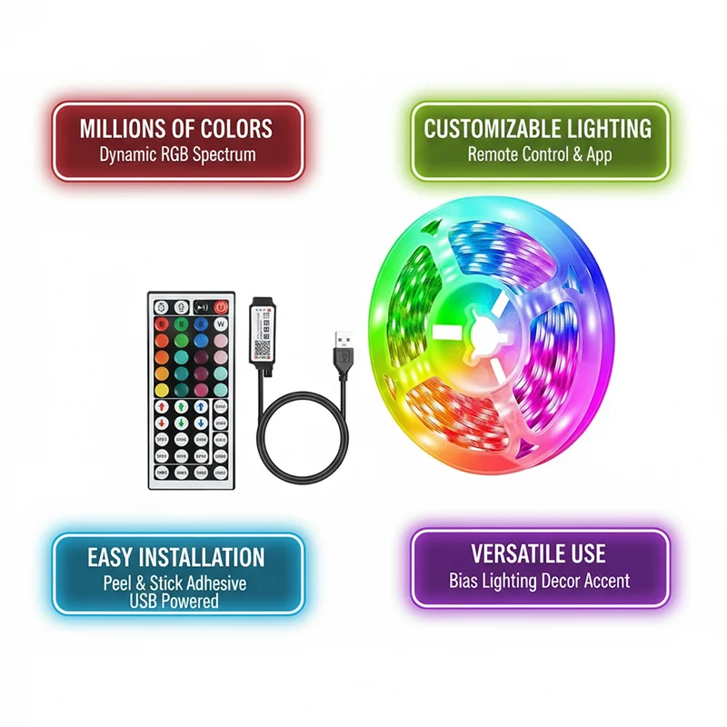 DC 5V USB LED Strip Lights APP - Lighting Decor For Room 评论和价格